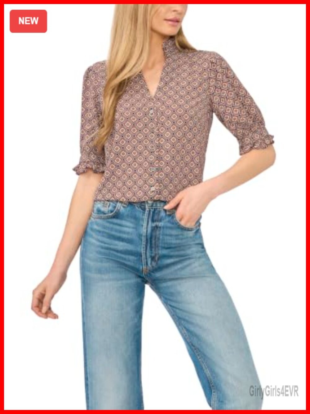 Ruffle V-Neck Elbow Sleeve Button-Down Blouse